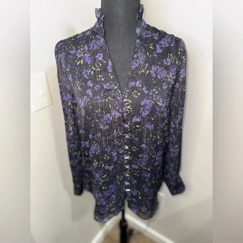Elie Tahari‎ Whimsical Black and Purple Floral Blouse- Size XS